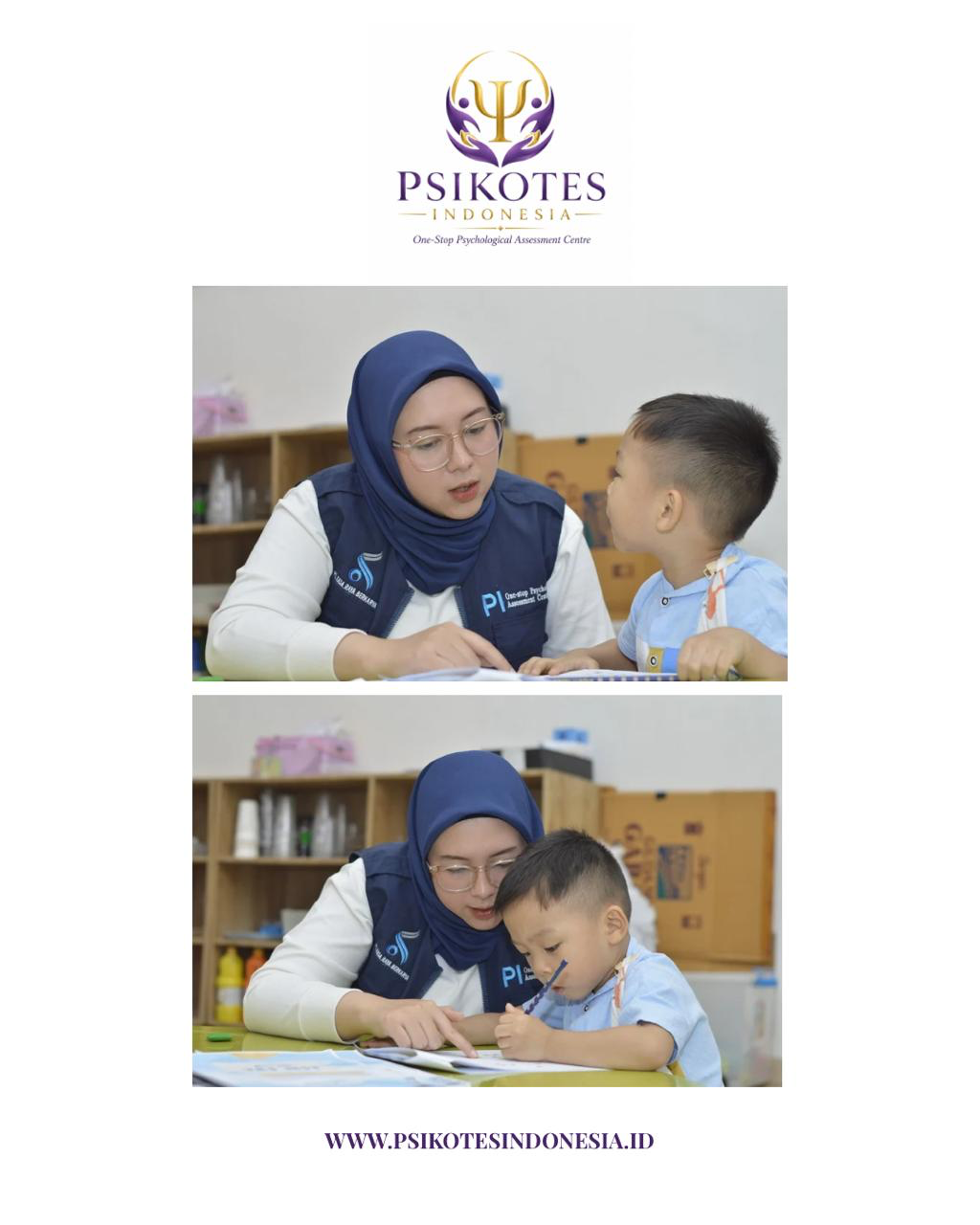 Dokumentasi sesi psikotes anak — psikolog melakukan observasi dan asesmen perkembangan anak