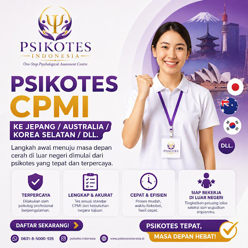 Seorang perempuan muda Asia yang tersenyum cerah, mengenakan kemeja putih profesional dengan lanyard, menunjukkan gestur semangat. Latar belakang menampilkan ilustrasi ikonik landmark dunia, melambangkan tujuan kerja luar negeri.
